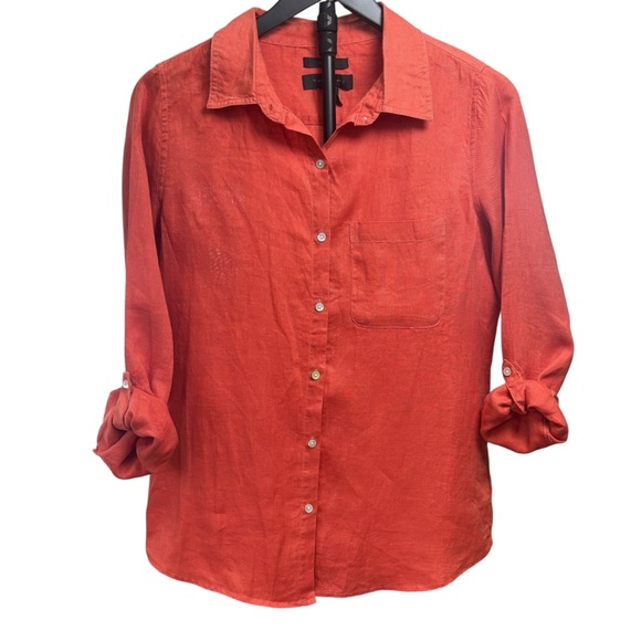 Tahari 100% Linen Coral Button Up Women’s M Shirt w/Rolled Sleeve - Picture 3 of 7